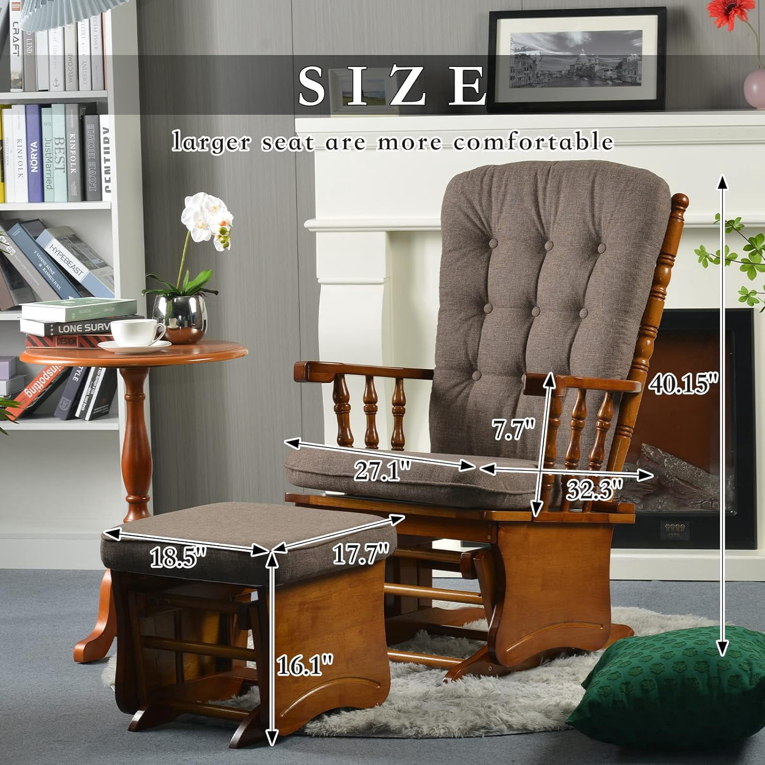 Dvasovio Nursery Collection Kids American Design Rubber Wood Glider Rocking Chair with Ottoman, Antique Brown