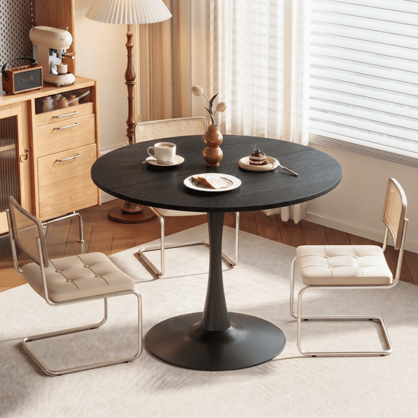 Round Tulip Dining Table, 39.4 Inch Dining Table for 4 People, Melamine Laminated MDF Tabletop with Metal Pedestal Base, Easy Assembly Kitchen Dinner Table for Dining Room, Home, Apartment, Black