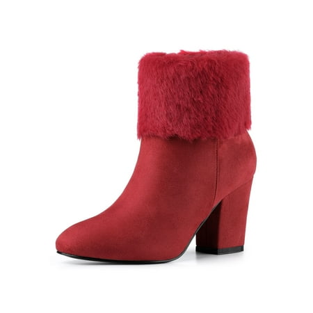 Women's Christmas Faux Fur Chunky Heel Ankle Boots Red (Size