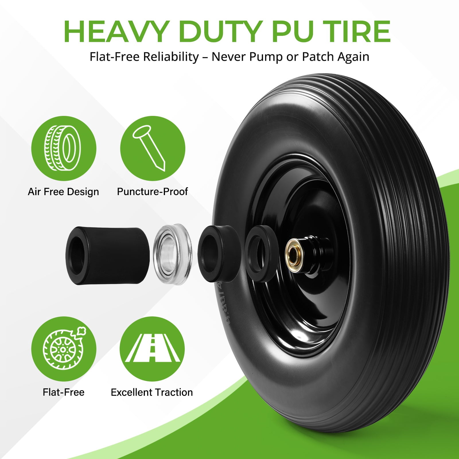 Backyard Expressions 16-Inch Flat-Free PU Tire 2-Pack – Heavy-Duty Solid Poly Wheels with 5/8" & 3/4" Bearings, Spacer Kit & Steel Hubs for Wheelbarrows, Garden Carts, Hand Trucks & Utility Equipment