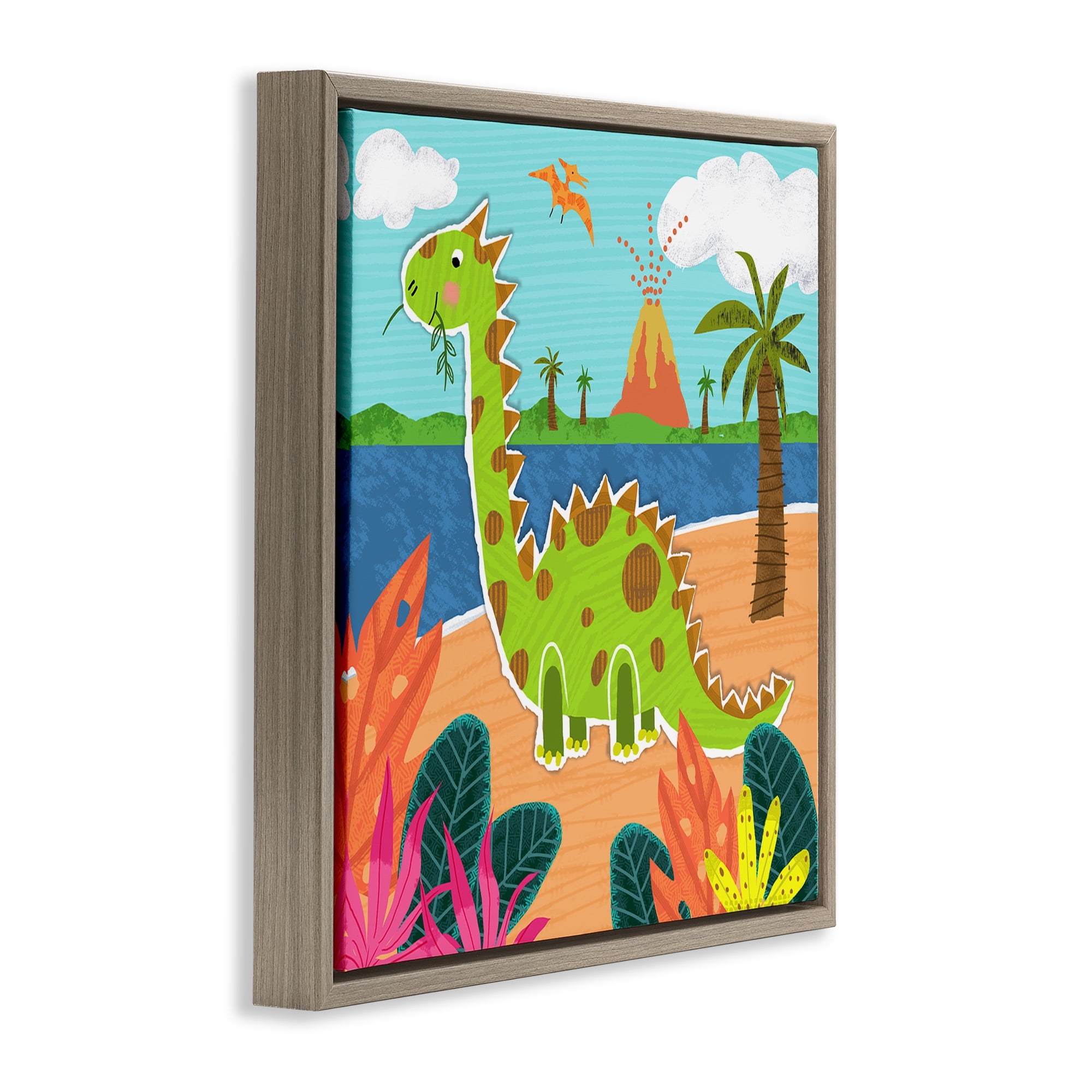 Stupell Industries Dinosaur on Beach Animals Painting Brown Floater Framed Canvas Art Print Wall Art, 18 x 18