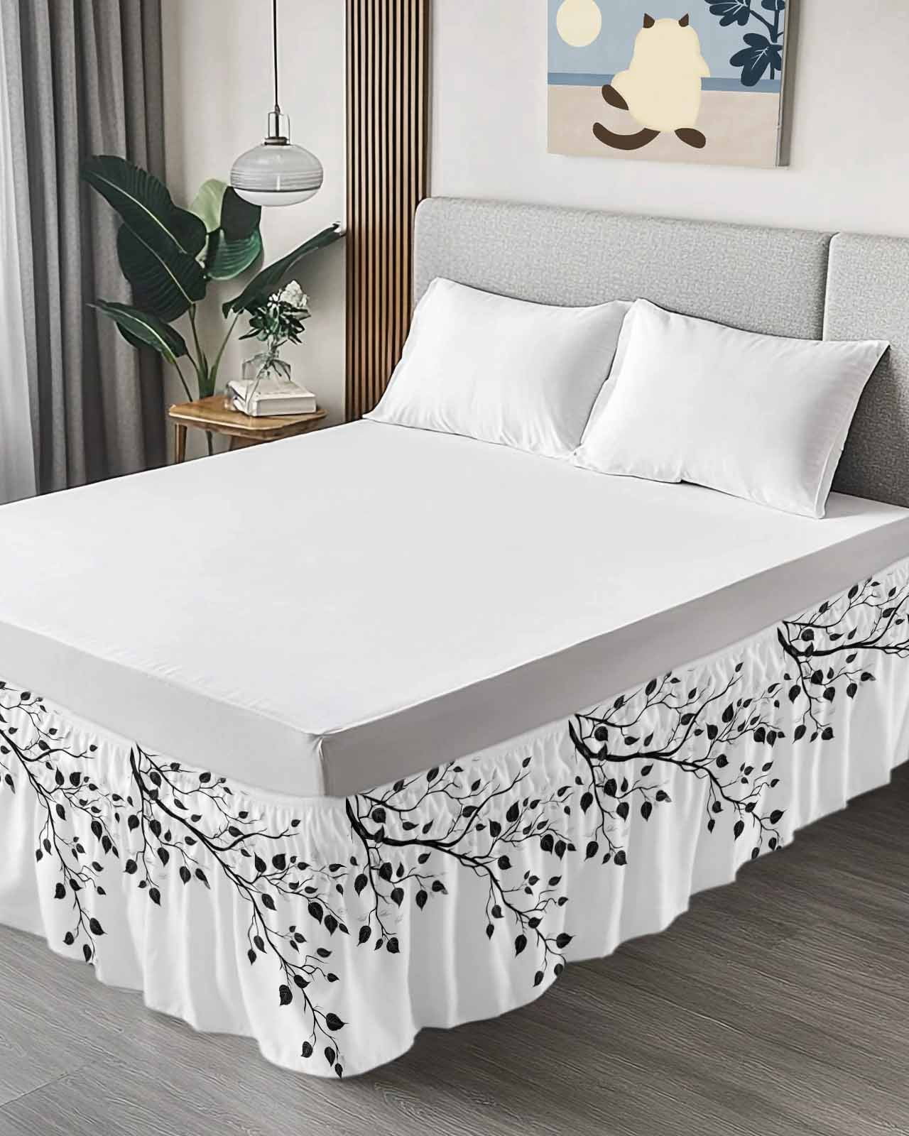 Black Botanical Wrap Around Bed Skirts for Queen Bed 18" Drop, Bed Skirt with Adjustable Elastic Belt Dust Ruffle Bed Valance for Bedroom Hotel Luxury Watercolor Summer Botanical Bed Frame Cover