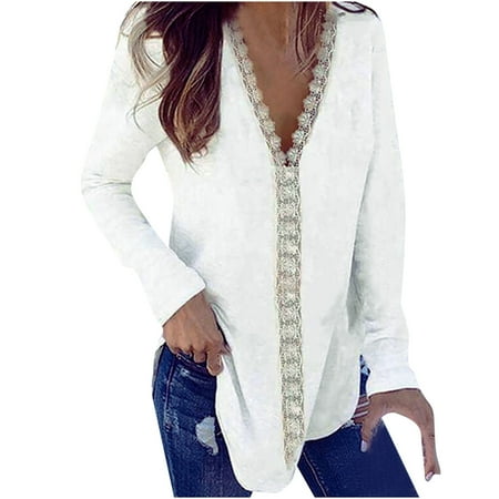 

Women Autumn V-Neck Embroidery Solid Long Sleeve Casual Loose T-Shirt Top black long sleeve shirt women corset tops for women White L