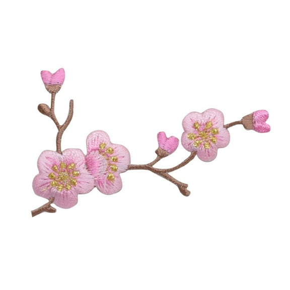 Cherry Blossom - Pink Flowers - Brown Stem - RIGHT - Iron on Applique - Embroidered Patch
