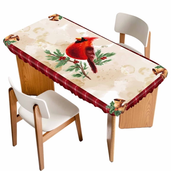 Christmas Cardinal Table Cloths for 4 Foot Rectangle Tables, Winter Red Bird Vintage Xmas Berry Leaf Patio Waterproof Elastic Fitted Tablecloths, Washable Rectangular Table Cover for Camping