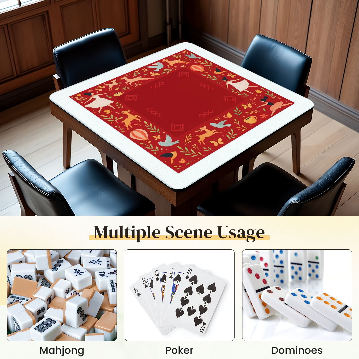 Mahjong Mat 31.5" x 31.5" Whimsical Forest Dance Anti-Slip and Noise Reduction Symmetry Design Mahjong Tiles Table Cover for Dominoes Poker Card Board and Tile Games
