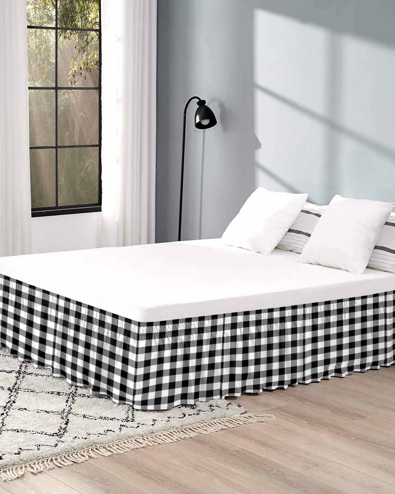 Black White Plaid Wrap Around Bed Skirts for Queen Bed 16" Drop,Bed Skirt with Adjustable Elastic Belt Dust Ruffle Bed Valance for Bedroom Hotel Luxury Farmhouse Modern Art Checkered Bed Frame Cover