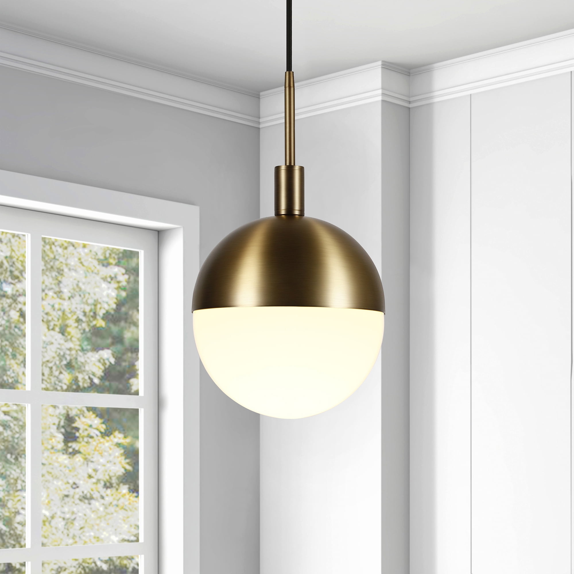 Industrial Large Globe 1 Light Pendant In Contemporary Brass With White