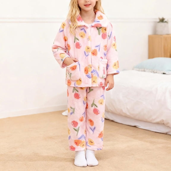 SONGGE Toddler Cozy Flannel Lapel Long Sleeve Girls Cute Cartoon Print Kids Tops Pants Loungewear For Cold Weather Autumn Winter Home Outfit Sets Cartoon Holiday Clothing Sets