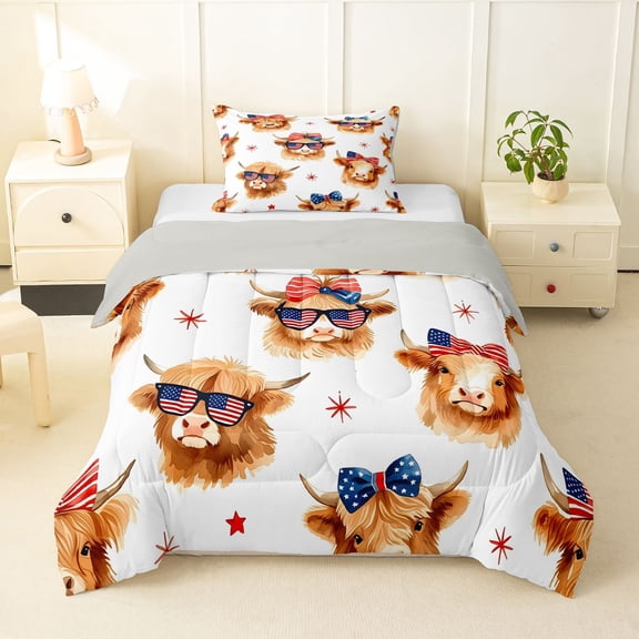 Manfei Cute Highland Cow Twin Comforter Sets,American Flag Bowtie Bedding Set,Brown,Light Gray Reversible,2pcs,1 Comforter and 1 Pillowcase