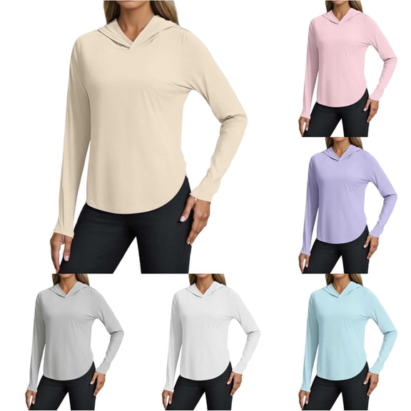 Trendfront Womens Hooded Athletic T Shirts Long Sleeve Curved Hem Thumbhole Loose Fit Workout Running Yoga Tee Tops