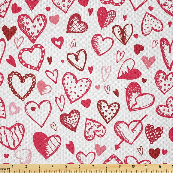 Ambesonne Love Fabric by the Yard Microfiber, Valentine Hearts Arrow, 5 Yards, Magenta Ruby White