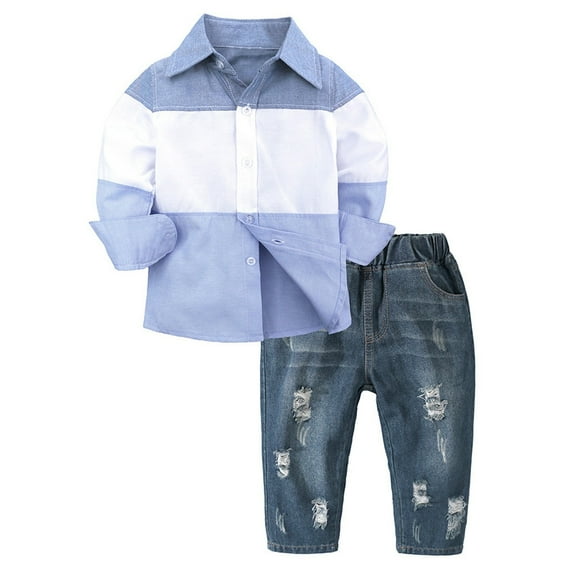 JIEU Toddler Boys Spring Casual Outfit Long Sleeve Fashionable Collar Shirt Jeans Suit Solid Colour Ripped Jeans with Pockets 2PCS for 1-5 Years Baby Set Outdoor Clothes