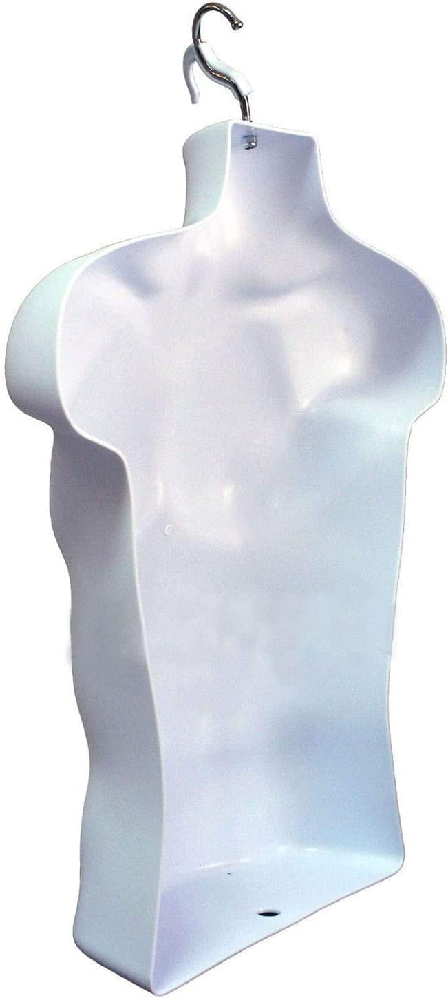 DisplayTown 2 Pack White Male Mannequins Hollow Back Body Torso w/ Metal Stands with Metal Pole & Hanging Hook for Tshirt Display, S-M Sizes