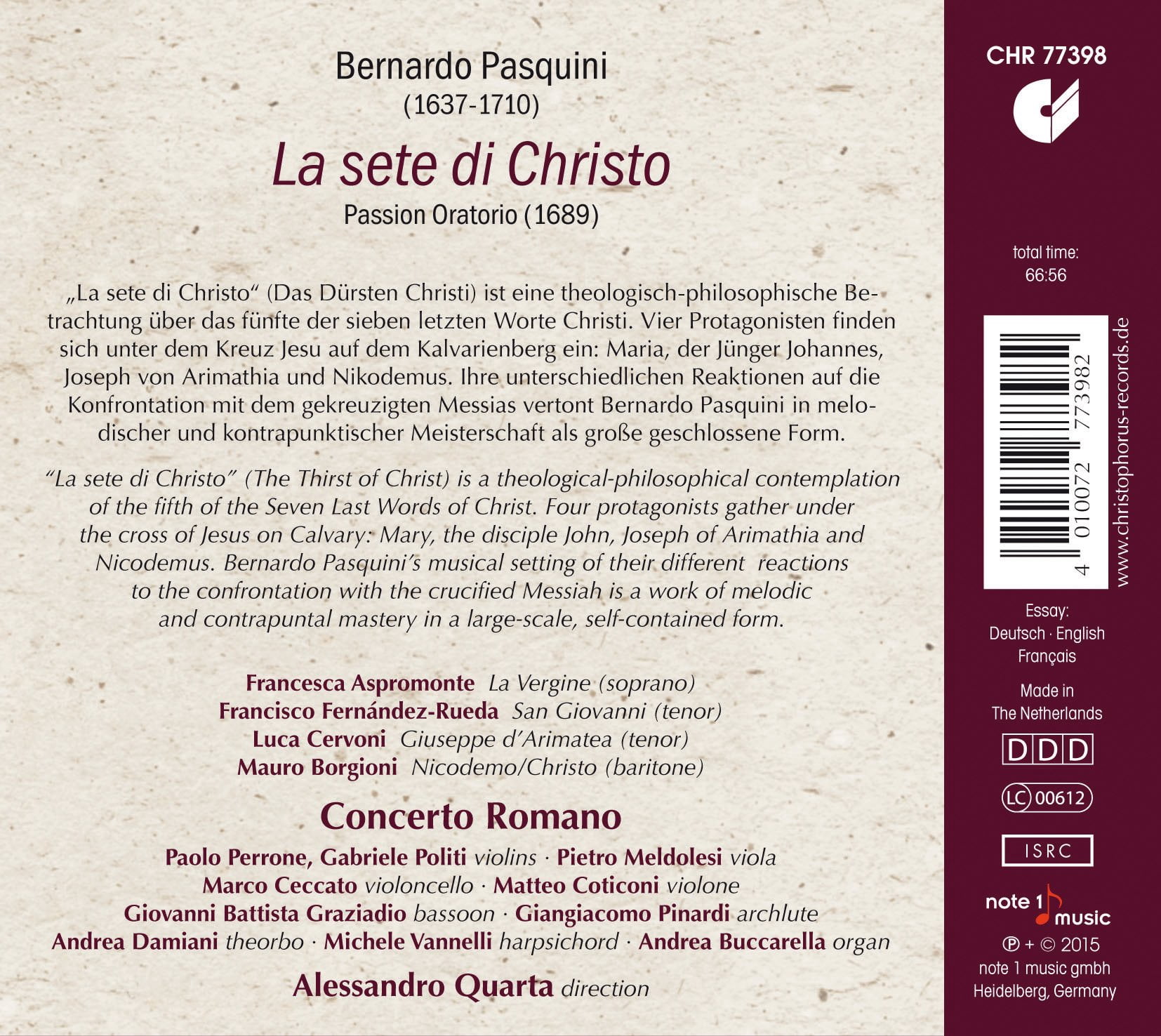 Pasquini / Concerto Romano / Quarta - Pasquini: La sete di Christo - Music & Performance - CD
