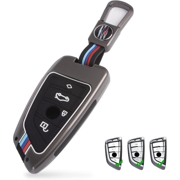 Xotic Tech M-Colored Stripe Gunmetal Grey Metal Key Fob Cover Shell Case w/Keychain, Compatible with BMW X3 X5 3 4 5 6 7 GT Series Z4 M3 M5 G05 G20 G30 G80 F10 F15 F30 F80 F85 F95 iX i4 (Blade Shape)