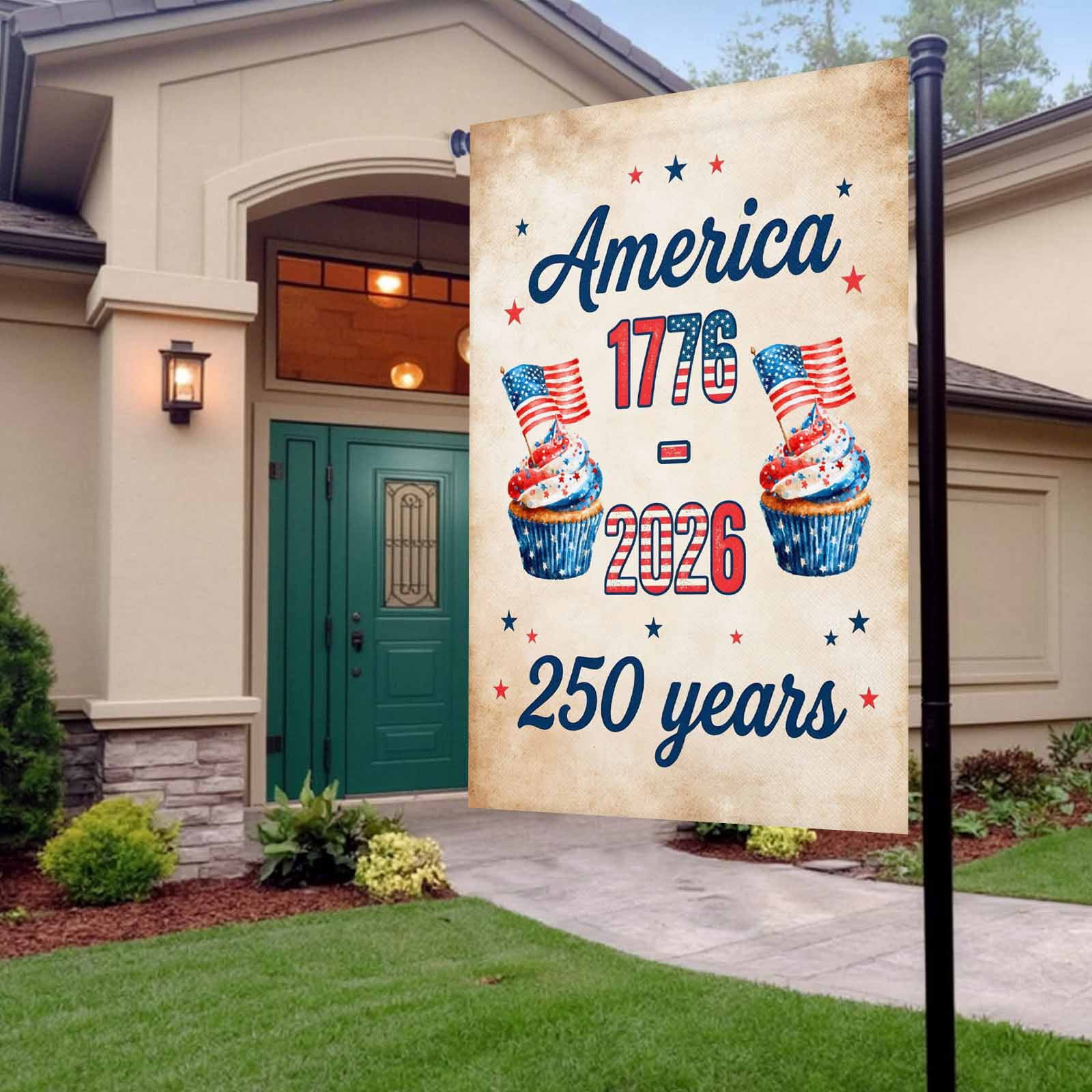 4th of July Garden Flags America 250 Years Garden Flag Double Sided Welcome Flag Cupcakes USA Flag Retro Independence Day Yard Flags for Outdoor Lawn Porch Memorial Day Holiday Decor 28x40 Inch