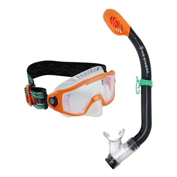 U.S. Divers Avila Junior Unisex Snorkel Combo - Curved 1-Window Lens for Panoramic Vision, Anti-Fog Lens, Dry Top Snorkel - Play Series | Unisex Children, Ages 6+, Clownfish Green