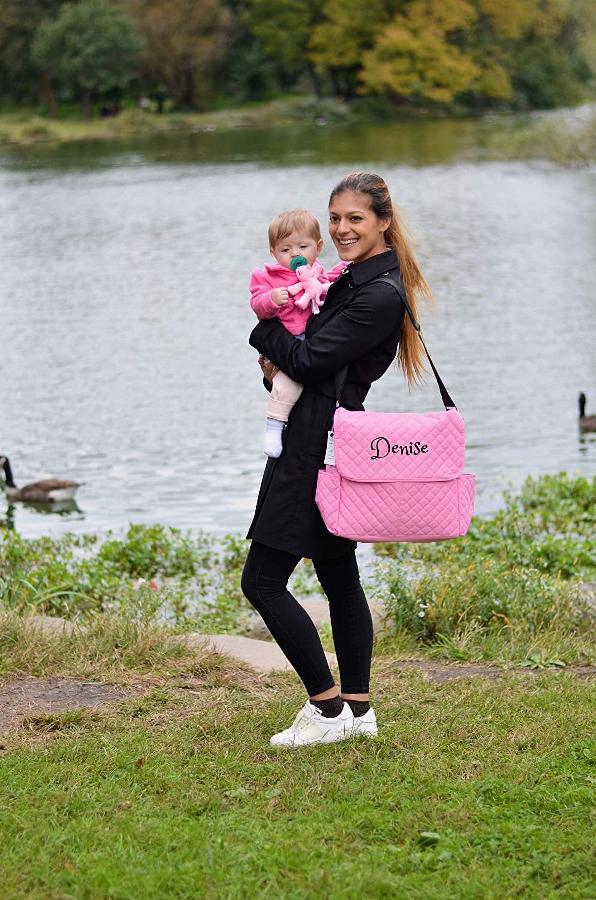 Dream Embroidery Personalized Large Diaper Bag with Changing Pad & Stroller Clips, Pink