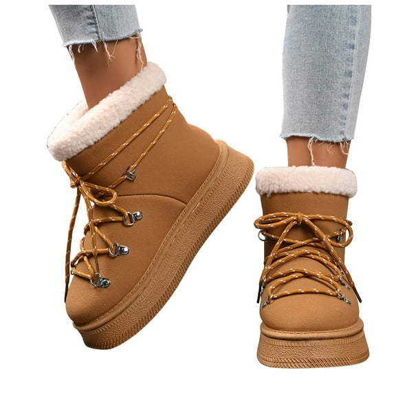 Women's Suede Platform Snow Boots Furry Lined Slip On Lace Up Winter Non Slip Thick Sole Ankle Booties