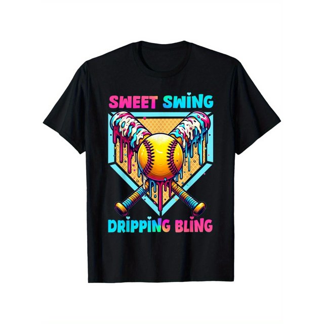 Camiseta gráfica de softbol para jóvenes con diseño de gotas de helado y texto brillante de Sweet Swing, 100 % algodón, transpirable, con cuello redondo y manga corta para niños y niñas.