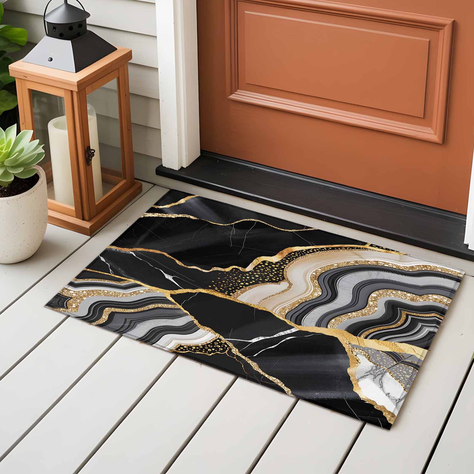 2x3 Ft Entryway Area Rug, Black Marble Kitchen Rug Runner Washable Floor Mat, Grey Gold Texture Vintage Farmhouse Art Non Slip Indoor Door Mat Throw Carpet for Bathroom Living Room Bedroom