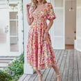 thumbnail image 1 of Femmes Plage Midi Robe Florale Imprimé Puff Manches Mode Été Plissée Robe, 1 of 7