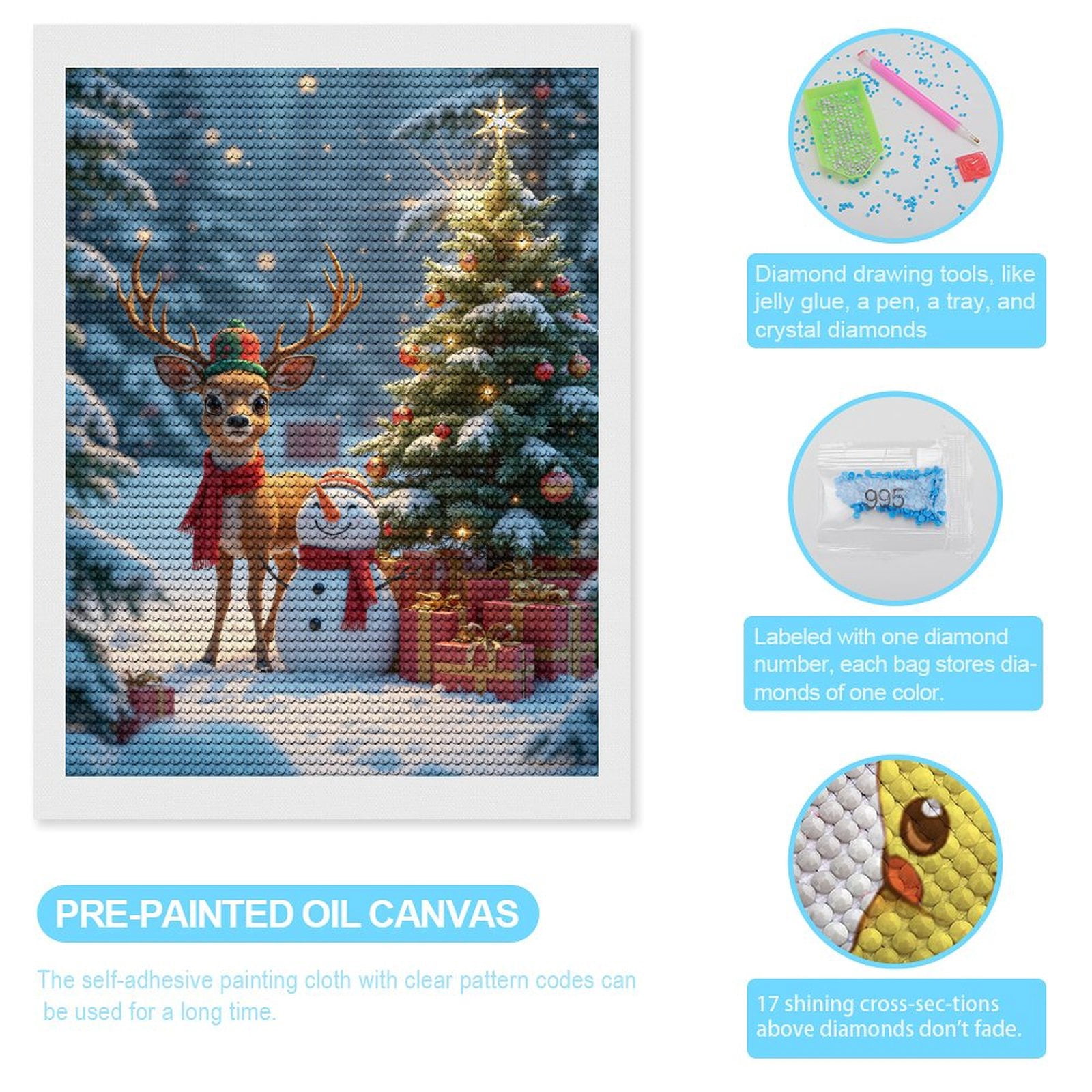 Diamond Art Kits for Adults, Reindeer Snowman Christmas Tree 5D Diamond Painting Kits for Adults Beginners, DIY Full Drill Diamond Painting, Gem Art and Crafts 12x16