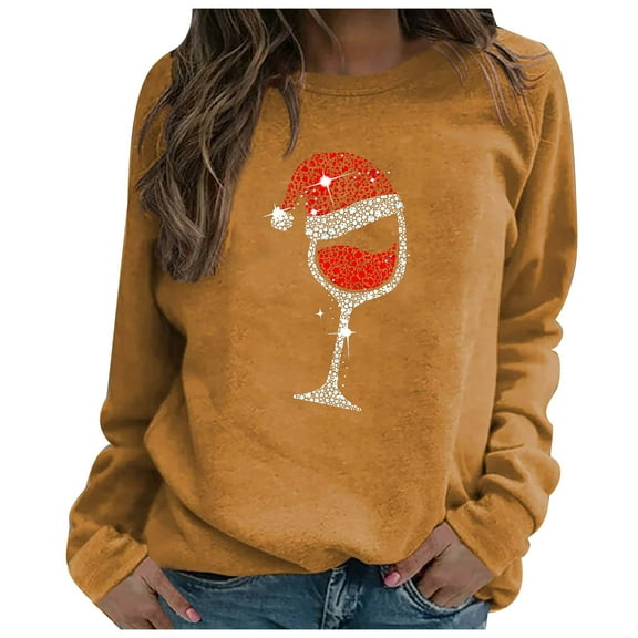 JGTDBPO Ugly Christmas Sweater For Women Funny Cute Tshirt Plus Size Pullover Sweartshirt Red Wine Glass Funny Christmas Graphic Blouse Crew-Neck Long Sleeve Loose Sweatshirt
