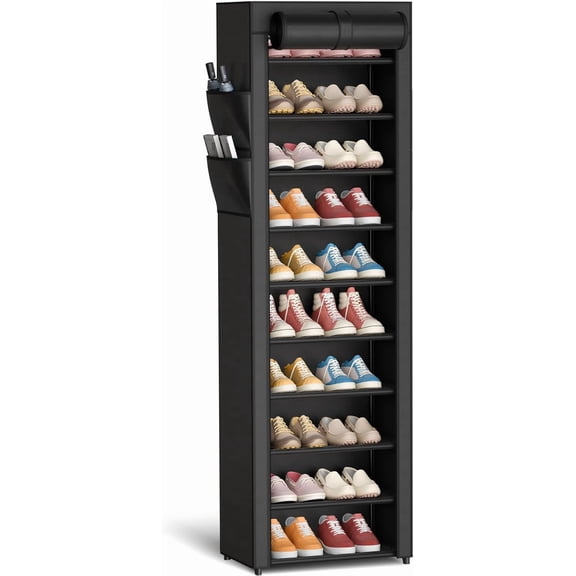 10-Tier Shoe Rack with Cover, Vertical Shelf, 17.5" Wide, Black