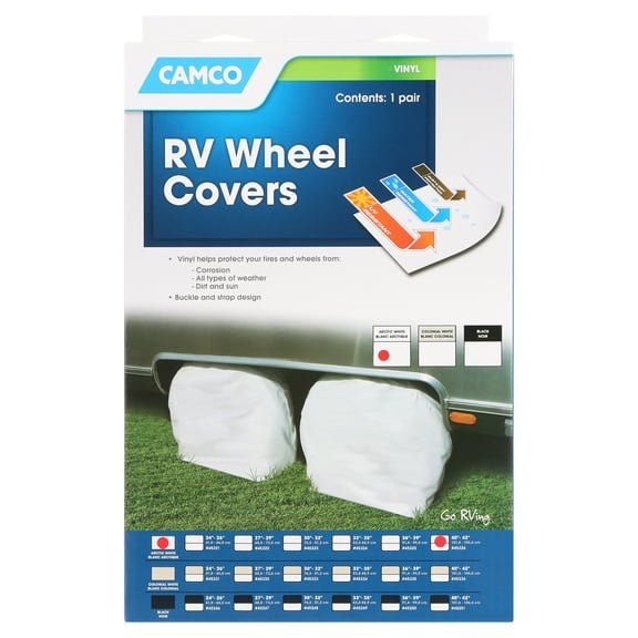 Camco Camper/RV Tire Covers | Features Durable Weatherproof Vinyl & Fits 40-Inch to 42-Inch Wheels | Arctic White, 2-Pack (45326)
