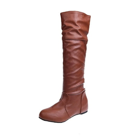 

hopeusnice Women s Over The Knee Boots Slouchy Flat Knee High Boots Faux Leather Winter Warm Boots Stretchy Round Toe Boots Brown 35