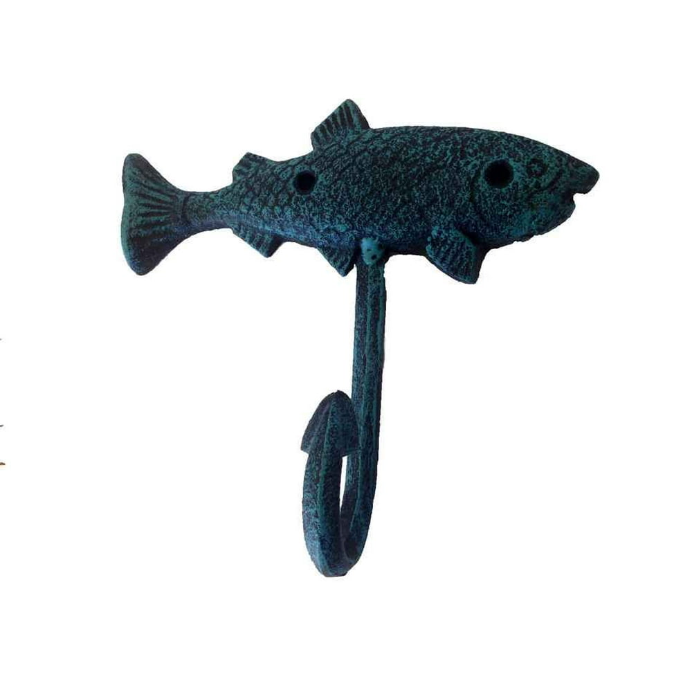 Seaworn Blue Cast Iron Fish Key Hook 6" Metal Wall Art