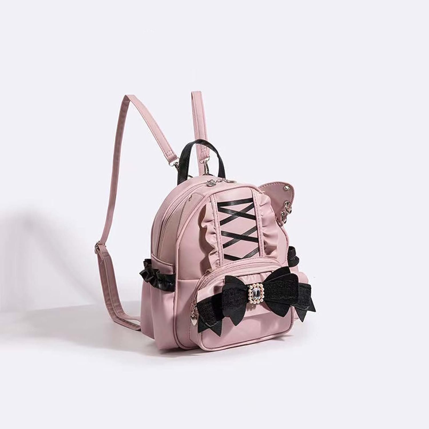 Baguery Kawaii Cat Ear Lolita Drawstring Backpack - Y2K Japanese Ins Style, Gothic Butterfly Bag with Corset Lacing (Black/Grey/Pink)​