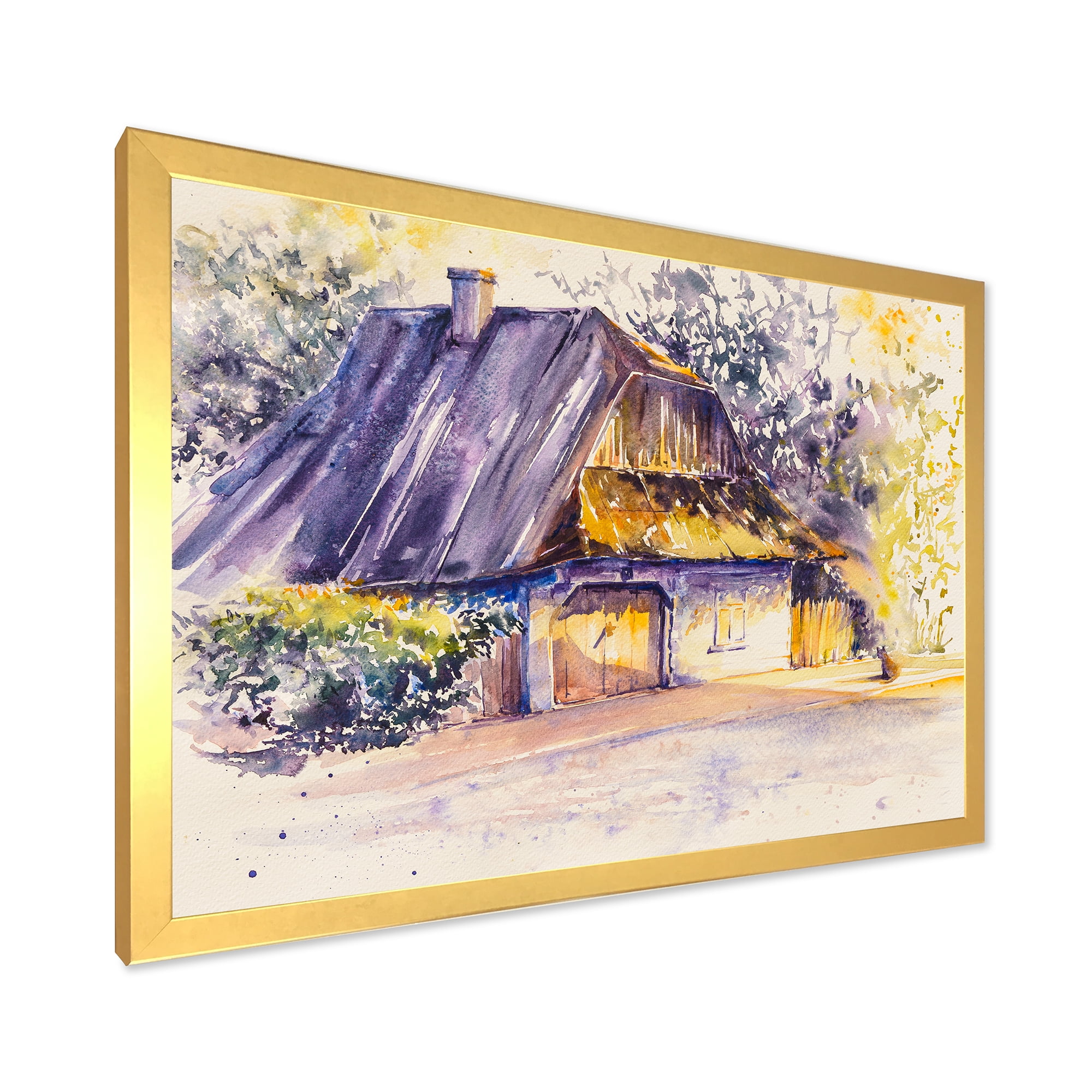 Old Wooden White House In Country Side Village During Afternoon Glow 32 in x 16 in Framed Painting Canvas Art Print, by Designart