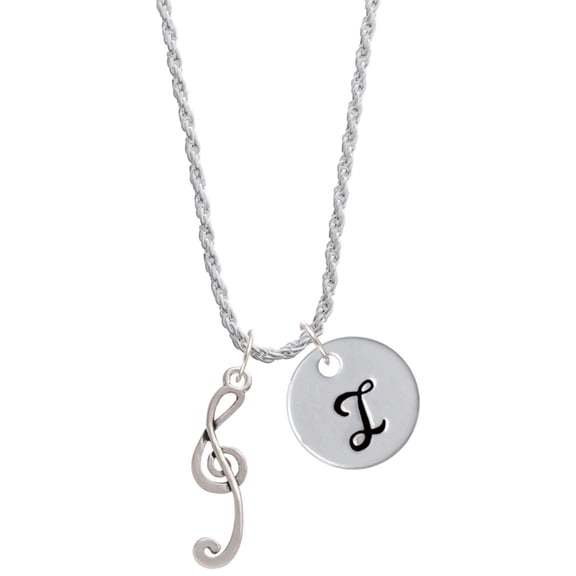 Delight Jewelry Silvertone Long Curly Clef Silvertone Script Initial Disc - I - Charm Necklace, 20"+3"