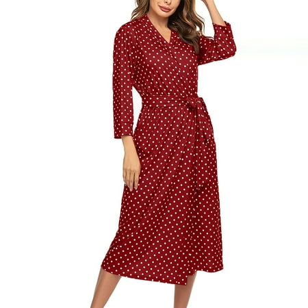

JeashCHAT Sexy Lingerie for Women Women s Summer FashionThree Quarter V-neck Polka Dot Mid-Calf Sleepwear+Belts
