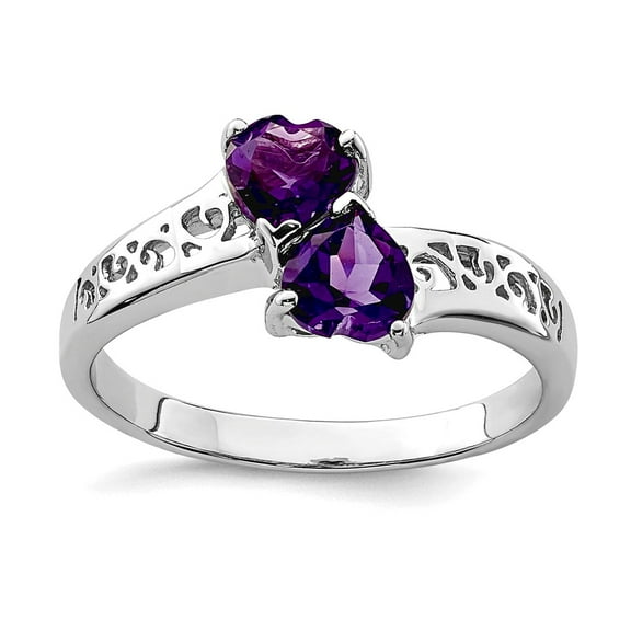 925 Sterling Silver Polished Rhodium Amethyst Love Heart Ring Size 8 2mm Wide Statement Ring for Women