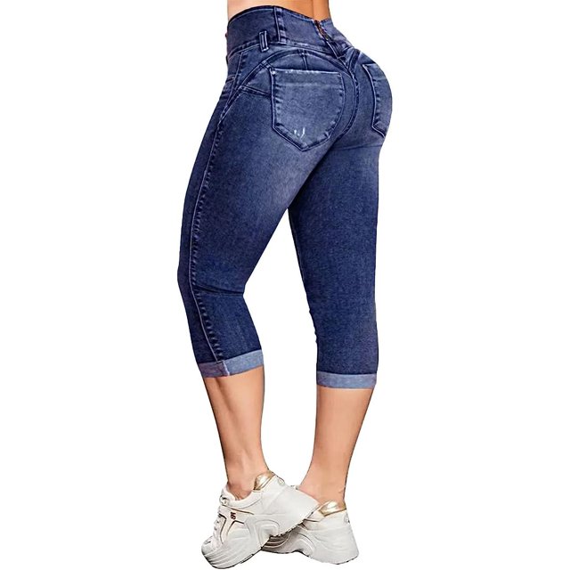 Pantalones vaqueros recortados para mujer, informales, de verano, con dobladillo rasgado, tiro medio, azul zafiro XS