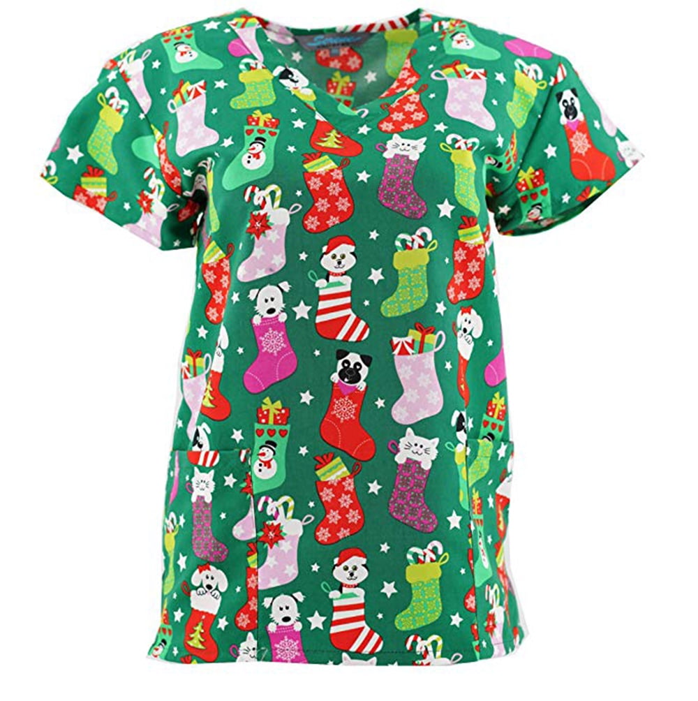 DSF Uniforms VNeck Christmas Holiday Themed Print Scrub Top