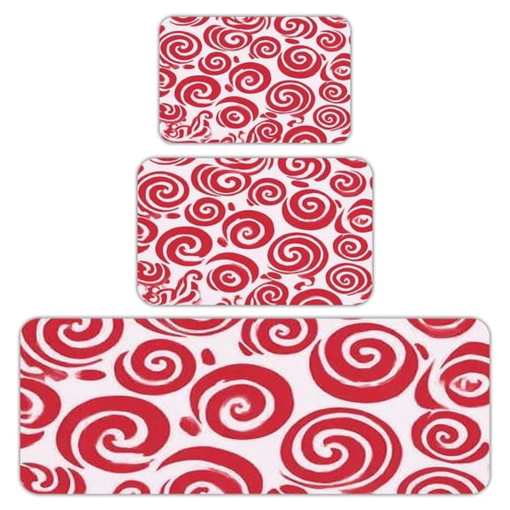 RKSupls Kitchen Rug Set 3 Piece Anti-Slip Flannel Floor Mats, Red Swirls Washable Absorbent Runner Mats for Kitchen Bathroom Home Decor