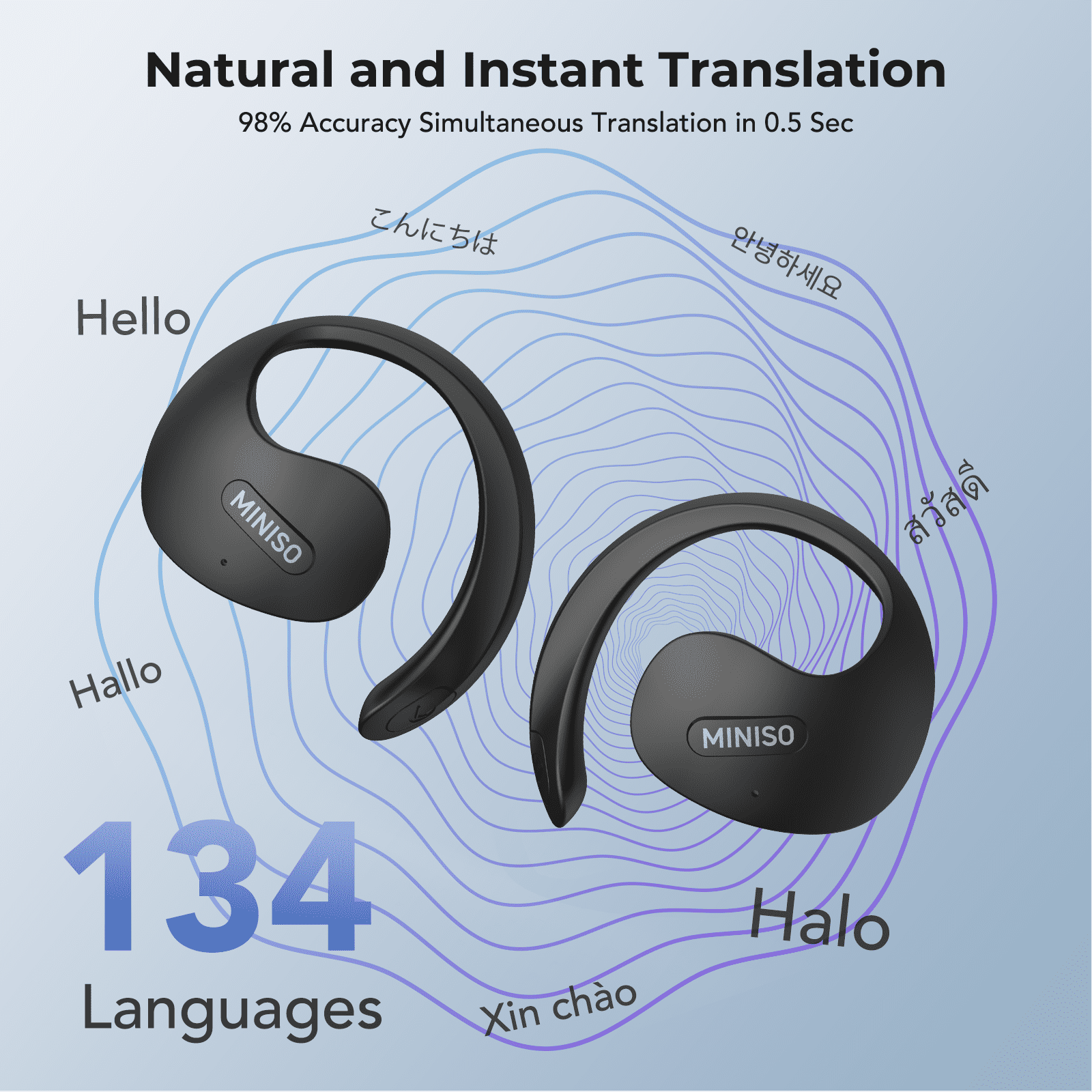 MINISO X15 Bluetooth 5.4 Wireless Open-Ear Headphones - AI Translator, Noise-Cancelling Earbuds, 130+ Languages, 40H Playtime, IPX5 Waterproof, Black + Earbud Case