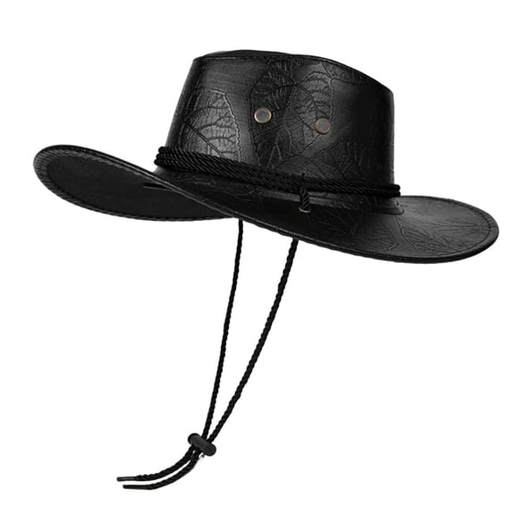 IVEYRTF Cowboy Hat Men Solid Color Faux Leather Classic Western Sun Hat Adjustable Cord with Wide Brim Hats for Men