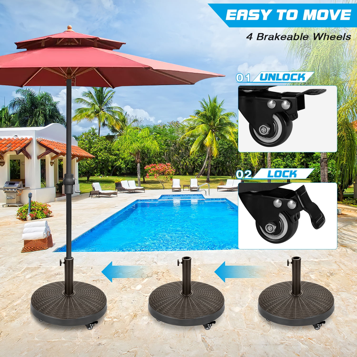 UPHYB 52LBS Umbrella Base, Umbrella Stand with Brakeable Wheels, Patio Umbrella Base Heavy Duty for Outdoor 1.5''~1.89'' Market Umbrella, Resin Umbrella Holder for Patio Deck Porch Poolside, Bronze