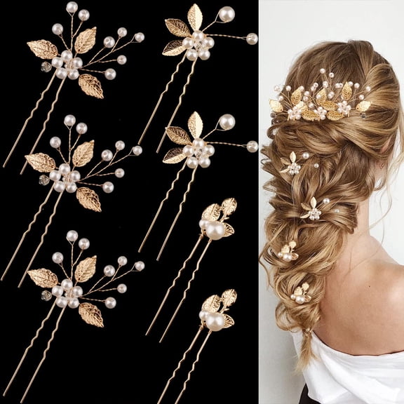 7 Pieces Wedding Hair Pins Gold Leaf Bride Headpiece Pearl Wedding Hair Styling Pins Hair Accessories Flower Hair Accessories for Brides Bridesmaids Girls (Elegant)