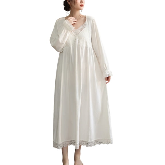 SWSMCLT Women's Cotton Victorian Nightgown Soft Cute Oversized Cool Long Sleeve Sleepwear Vintage Night Gown Princess Sleep Dress White Small