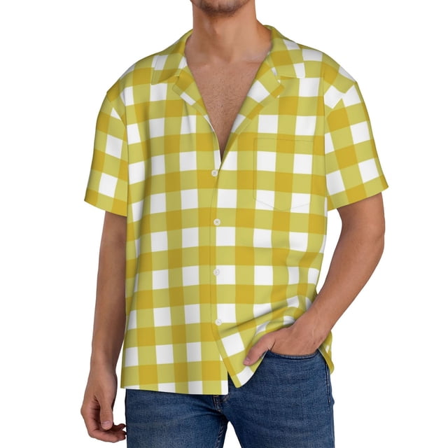 Balery Yellow Checkboard Camisa Casual de Manga Corta con Botones para Hombre, Texturizada, Estilo Cubano, para Playa, Verano-4X-Large