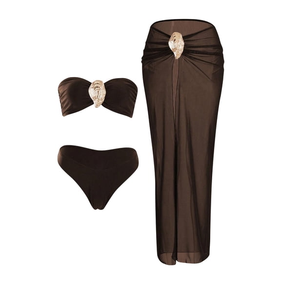 MGDXOX Women's Strapless Bandeau Swimsuits High Waisted Bikini Sets with Metal Coverup Skirts 3 Piece Bathing Suits Coffee S