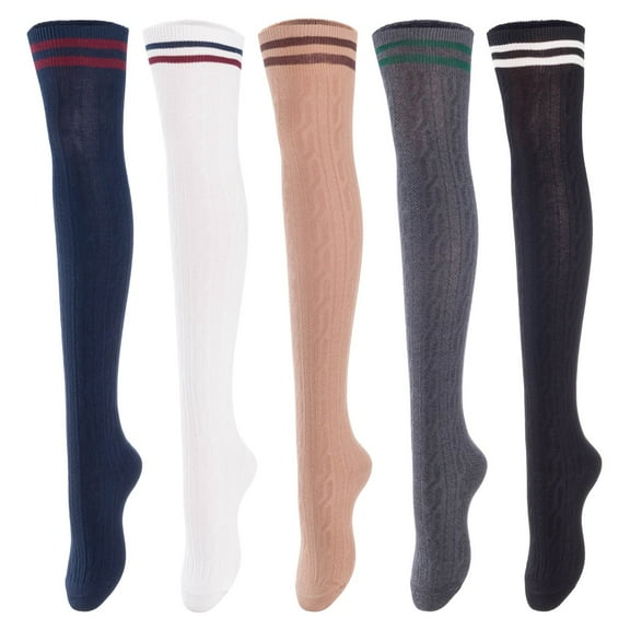 Lovely Annie Big Girl's Women's 5 Pairs Incredible Durable Super Soft Unique Over Knee High Thigh High Cotton Socks Size 6-9 A1023Blk,DG,Kaki,Wite,Nvy