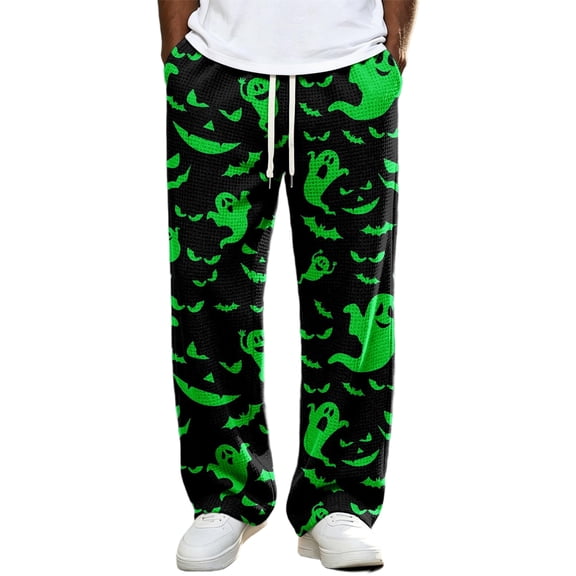 Rexolia Mens Halloween Pajama Pants Straight Leg Pumpkin Bat Web Print Drawstring Lounge Sleepwear Army Green L